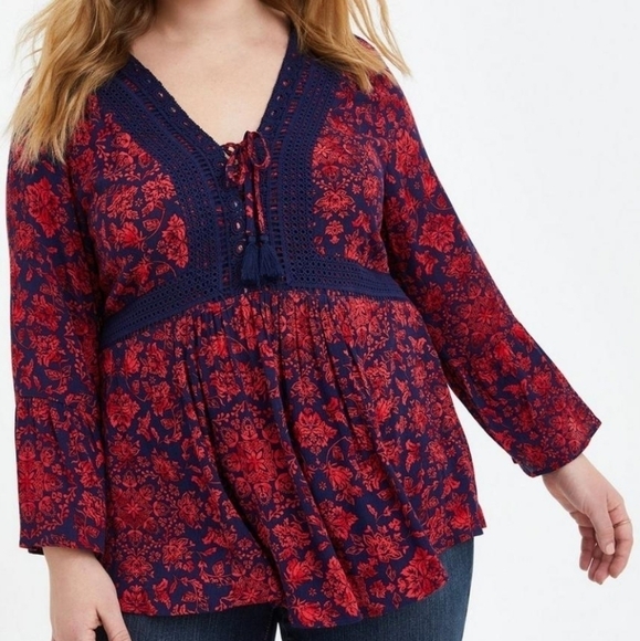 Torrid Crochet Trim Babydoll Gauze Floral Top - Picture 1 of 4